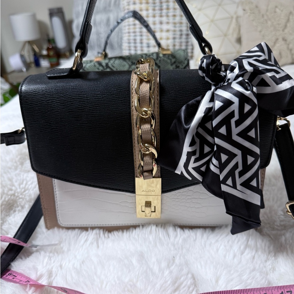 Aldo Black and White Satchel with Gold Accents